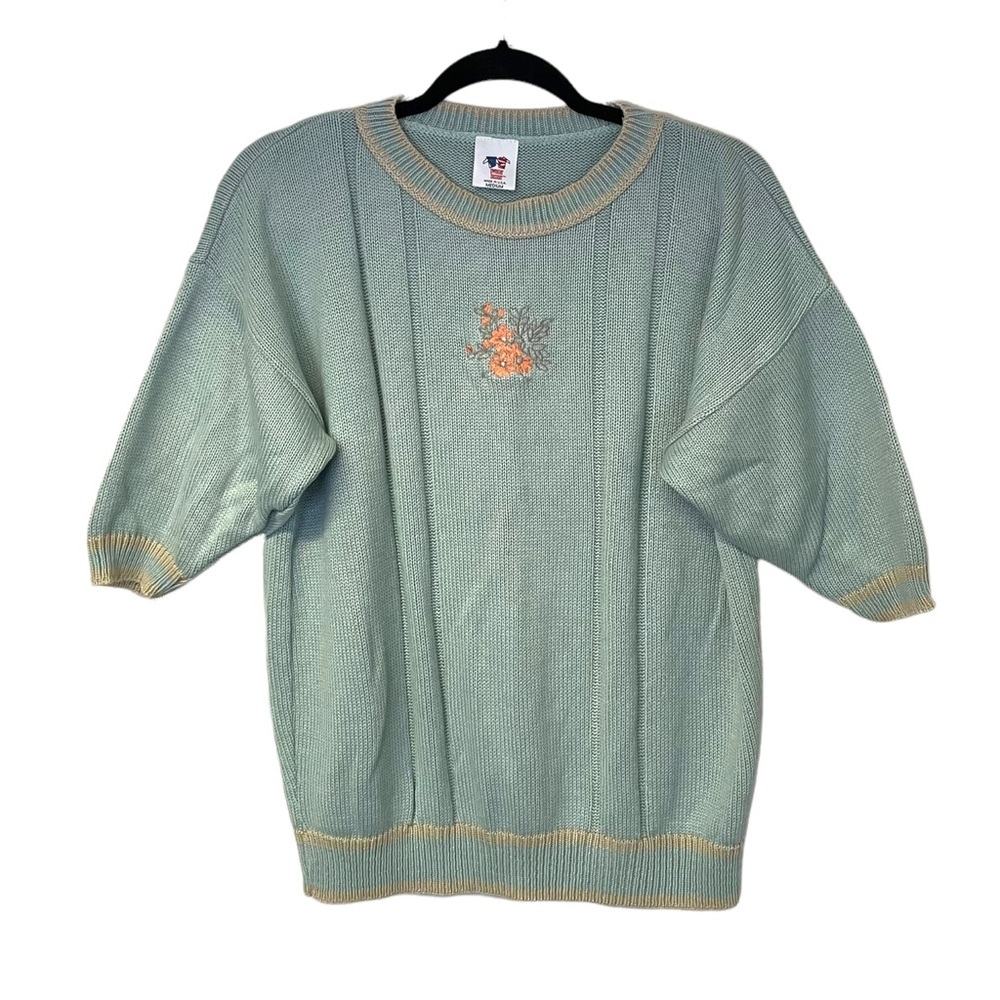Vintage Sweater Bazaar Mint Peach Floral Short Sleeve Sweater Medium